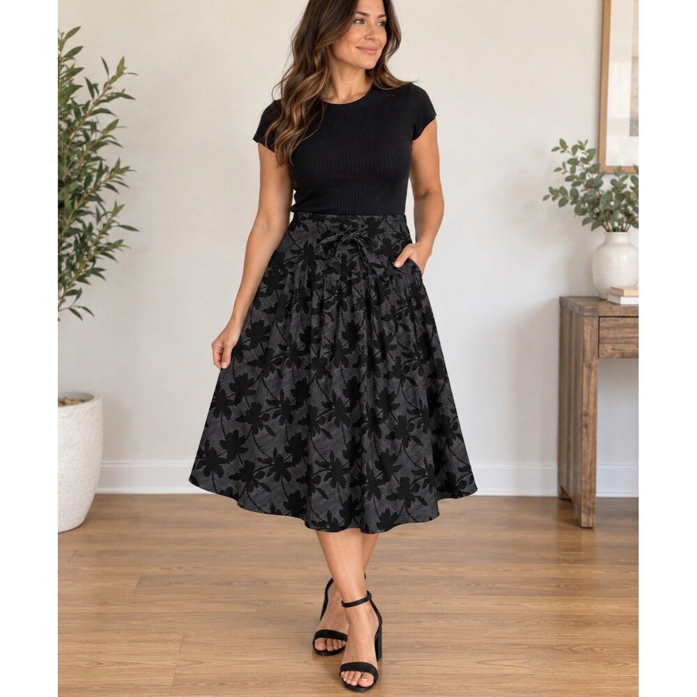Universal Thread M Floral Midi Skirt Black Gray Linen Blend Boho Cottagecore